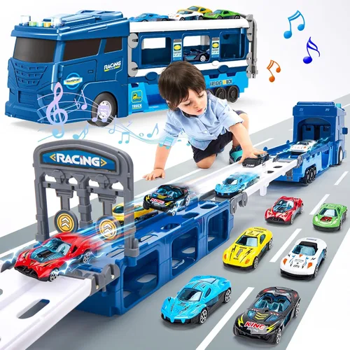 hahaland Juguetes para Niño de 3 Años Regalo - Transportador de Autos 2 en 1 que se Transforma en Pistas de Carreras Juguetes con Camión Lanzador