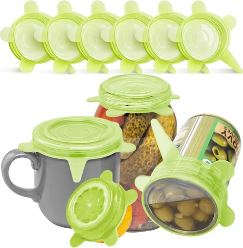 Miniatura 10 de Orblue Tapas elásticas de silicona reutilizables, paquete de 6, pequeñas para almacenamiento de alimentos frescos, sella los sabores, mantiene