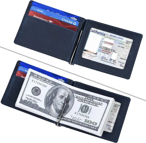 Miniatura 3 de HYRISON Cartera de cuero genuino Slim doble bolsillo frontal para hombres con clip de dinero bloqueo RFID