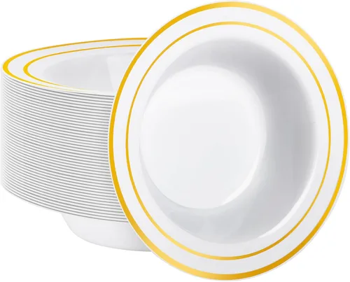 Miniatura 20 de Goodluck Paquete de 50 cuencos de plástico con borde rojo, cuencos de sopa desechables de 12 onzas, cuencos de postre resistentes para bodas
