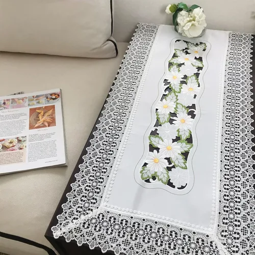 Miniatura 9 de Mantel bordado para decoración de encaje a prueba de polvo, sin arrugas, lavable, floral, rectangular, para cocina, comedor, vacaciones, cumpleaños