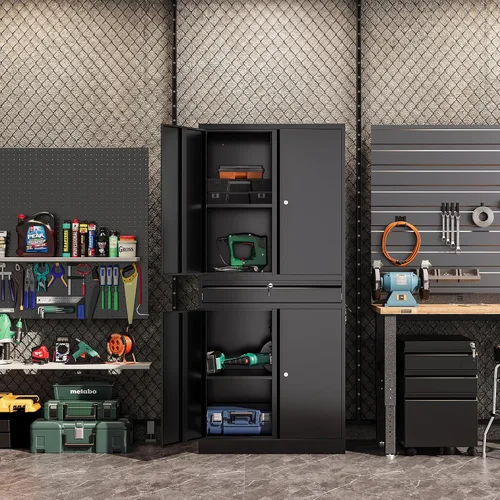 Miniatura 2 de Gabinete de almacenamiento de metal para garaje, armario de almacenamiento con cerradura de 71 pulgadas con 2 estantes ajustables y 1 cajón