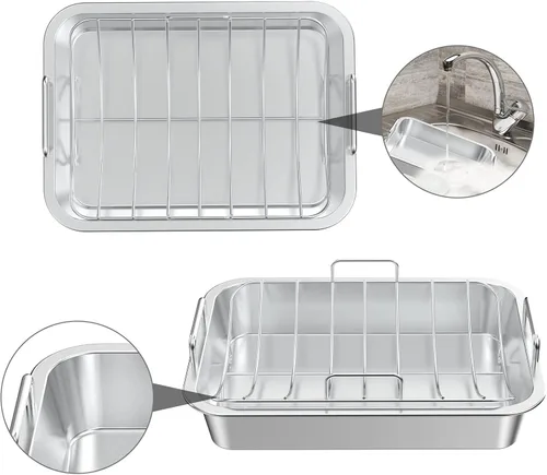 Miniatura 7 de Onlyfire Sartén para asar con estante en U – Asador de acero inoxidable para hornear, sartén rectangular de lasaña de pavo de 16 pulgadas para asar