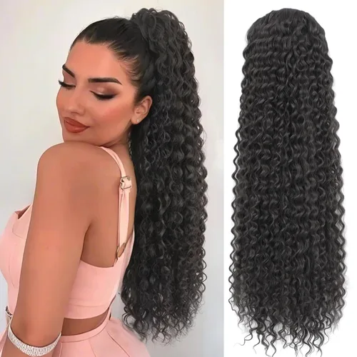 Miniatura 18 de Matriarchs Extensión de cola de caballo corta y rizada con cordón para mujer, pieza de cabello sintético largo afro rizado esponjoso para uso diario