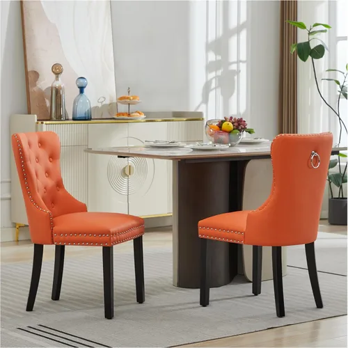Miniatura 15 de adochr Juego de 2 sillas de comedor de terciopelo, sillas de comedor tapizadas acolchadas con anillo de tracción y patas de acero inoxidable, beige