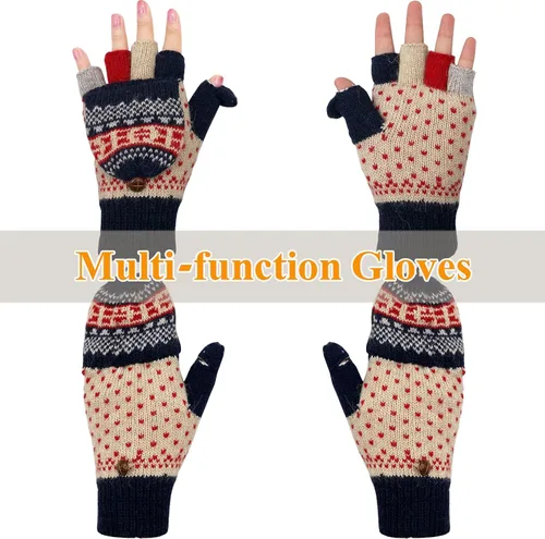Miniatura 36 de Beurlike Guantes de invierno para mujer, de lana cálida, a prueba de viento, convertibles, sin dedos