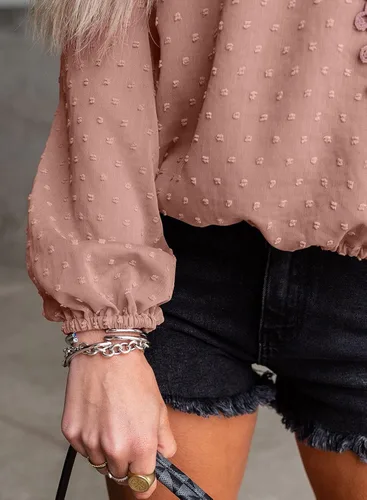 Miniatura 4 de LOLONG - Blusas de manga cortalarga, cuello en V y gasa, camisas de encaje con pompones, de estilo informal.