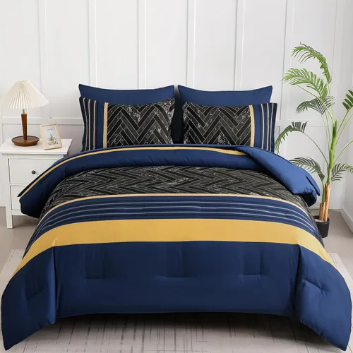 Miniatura 12 de Luxudecor Juego de Edredón Negro Tamaño King, 7 Piezas Cama en una Bolsa de Rayas Geométricas, Juego de Edredón Geométrico y Sábanas, Juego Completo