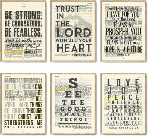 Miniatura 3 de Juego de 6: Josué 1:9, Proverbios 3:5, Jeremías 29:11, Romanos 8:28, Gálatas 5:22-23, impresiones artísticas de pared de página bíblica cristiana