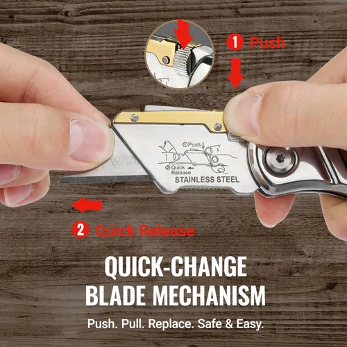 Miniatura 5 de WORKPRO Cuchillo utilitario plegable con clip para cinturón y cuchillas adicionales de 10 piezas, mango de madera, cortador resistente, cambio