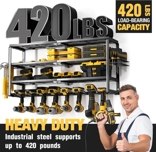 Miniatura 4 de YYR Organizador de herramientas eléctricas de 4 capas para montaje en pared, estante de almacenamiento para taladro inalámbrico, soporte