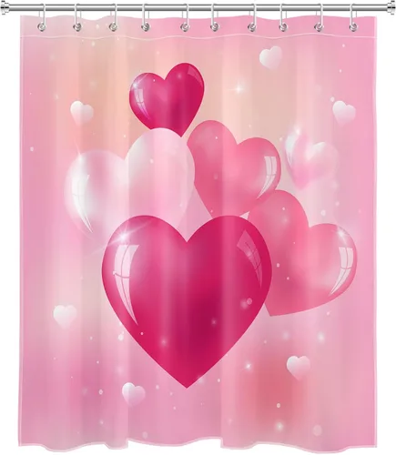 Miniatura 2 de LB Juego de cortinas de ducha Love Theme con corazones de cristal brillante en rosa, cortina de baño para niñas adolescentes con ganchos, 60 x 72