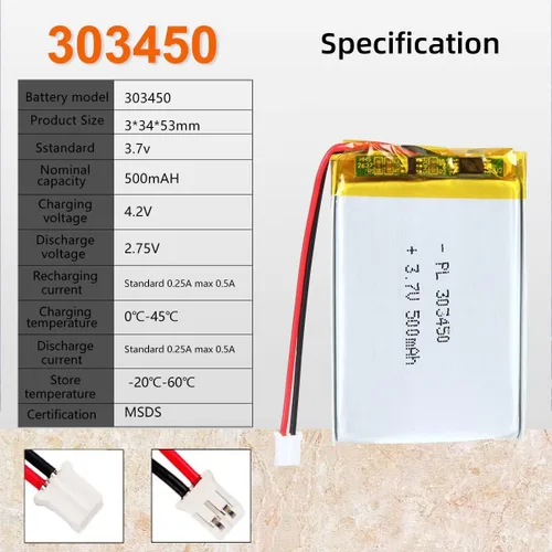 Miniatura 3 de Batería de iones de polímero de litio recargable de 3.7V 500mAh 303450 Lipo con conector JST PH2.0mm
