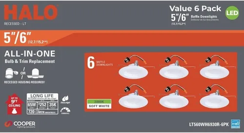 Miniatura 2 de HALO Lámpara LED empotrable de 6 pulgadas, retrofit para techo y ducha, 3000 K, borde blanco deflector (paquete de 6)
