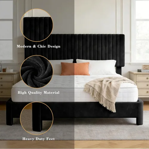 Miniatura 3 de Vipbear Base de cama de tamaño matrimonial con heaboard, marco de cama tapizado de terciopelo de lujo con soporte de listones de madera, bajo