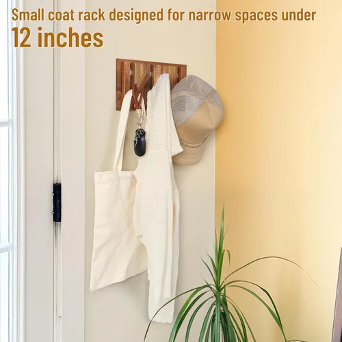 Miniatura 2 de Pequeño Perchero para Apartamento: 10.4 Pulgadas de Madera Rústica con 6 Ganchos de Pared Montable Retractable para Espacios Estrechos, Entrada