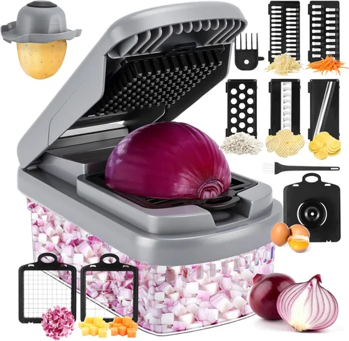 Miniatura 12 de Picador de verduras, picador de alimentos multifuncional 12 en 1, picador profesional de cebolla con 7 cuchillas, cortador de verduras con Blanco