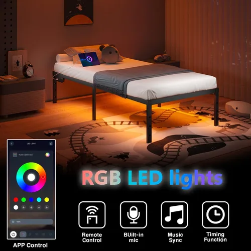 Miniatura 6 de HAVONIZD Marco de cama tamaño twin con luces LED y estación de carga - Marco de cama de plataforma de metal resistente de 18 pulgadas, no necesita