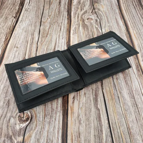 Miniatura 3 de AG Wallets Tarjetero de cuero para hombre con ventanas de identificación dobles abatibles, Negro -, Cartera plegable