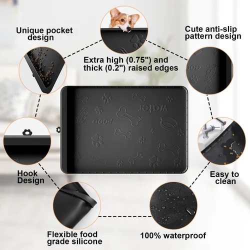 Miniatura 4 de Tapete para Comida de Perro - Tapete de Silicona para Perros para Comida y Agua - 36" x 24" Tapetes Grandes de Alimentación para Mascotas con Negro
