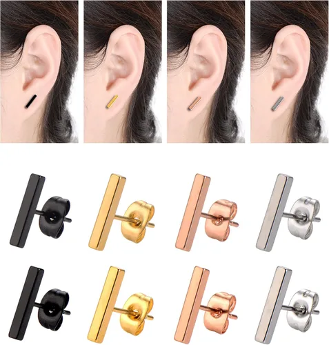 Miniatura 4 de Mudder - 4 pares de arete de acero inoxidable, barra rectangular para hombre o mujer, 4 colores disponibles.