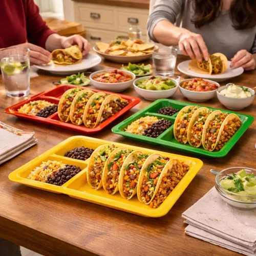 Miniatura 5 de Dependable Industries inc. Essentials Juego de 3 platos rectangulares para tacos, bandejas de plástico sin BPA con divisores, apilables, aptos
