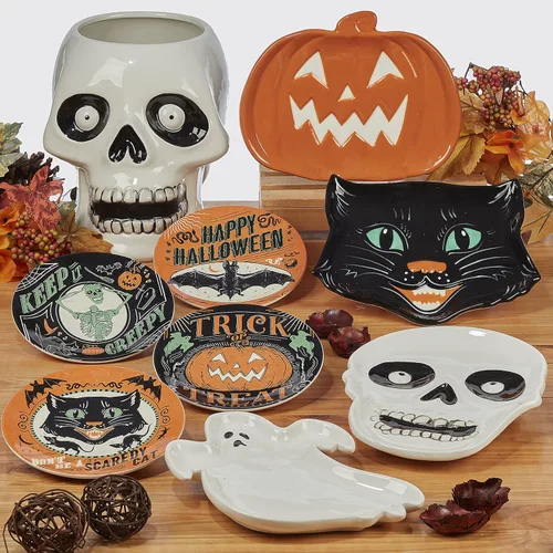 Miniatura 5 de Juego de 4 tazas de Halloween – Tazas de café de cerámica espeluznantes con diseños vintage de truco o trato – gato negro, esqueleto, calabaza