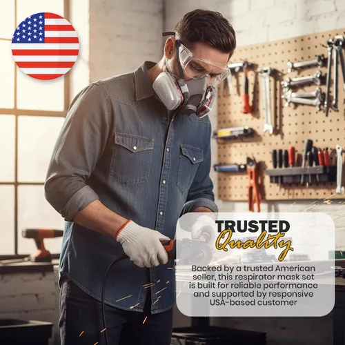 Miniatura 7 de Máscara respiradora para pintura en aerosol, carpintería, soldadura, polvo y seguridad general con gafas transparentes, 10 filtros de repuesto