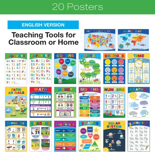 Miniatura 4 de 20 Pósteres Educativos Extra Grandes para Niños Pequeños (24x17 Doble Cara Inglés/Español) Alfabeto Colores Letras Números Formas Meses Días Clima