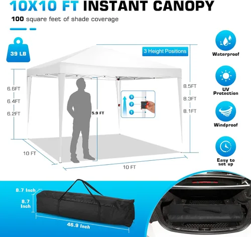 Miniatura 3 de COBIZI Tienda de campaña desplegable de 10 x 10 pies con 3 paredes laterales, tiendas de campaña para fiestas, bodas, patio trasero, impermeable, al