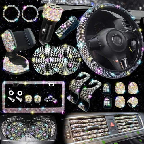 Miniatura 13 de NBTEPEM 27 piezas de juego de accesorios brillantes para auto en color aguamarina para mujeres, fundas para volante de ajuste universal de 15
