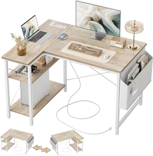 Miniatura 14 de TIQLAB - Escritorio pequeño de computadora con tomas de corriente, escritorio en forma de L de 40 pulgadas con estantes reversibles, escritorio