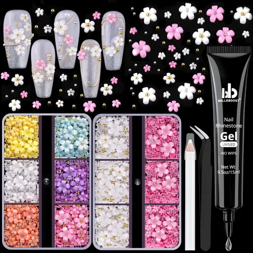 Miniatura 15 de Dijes para uñas 3D, kit de manicura con gel de pegamento de diamantes de imitación para uñas (curado UV), mariposa blanca rosa flor gemas AB 03-2
