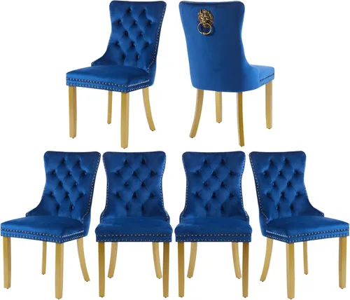 Miniatura 17 de Juego de 2 sillas de comedor de terciopelo, silla de comedor tapizada de alta gama con tirador de anillo en la espalda, adorno de clavos y patas