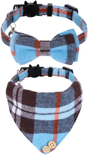 Miniatura 12 de Faleela Breakaway Collar de gato con campanas, paquete de 2 collares para gatos con campanas, collares de gato con bandana, accesorios para collares