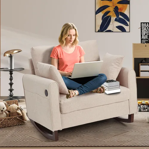 Miniatura 6 de HOMREST Mecedora tapizada para guardería con respaldo alto y bolsillo lateral, puerto USB, sillas mecedoras dobles anchas con patas de madera