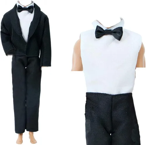 Miniatura 2 de 2 juegos de trajes formales de oficina que incluyen abrigo negro, abrigo blanco, camisa blanca con nudo de lazo, pantalones negros para novio