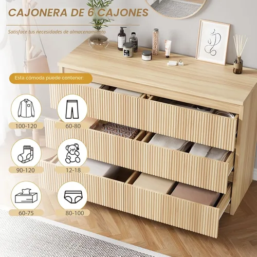 Miniatura 4 de Jocoevol Cómoda de Roble de 6 Cajones para Dormitorio, Cómoda Acanalada Moderna, Cómodas de Dormitorio con Cajones, Cofre Grande de Cajones