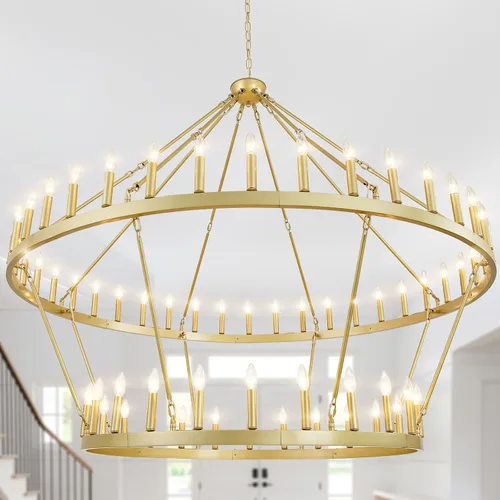 Miniatura 9 de EGM Candelabro dorado de 48 pulgadas con rueda de carro de 2 niveles, 36 luces grandes de color dorado cepillado estilo granja, lámparas de techo