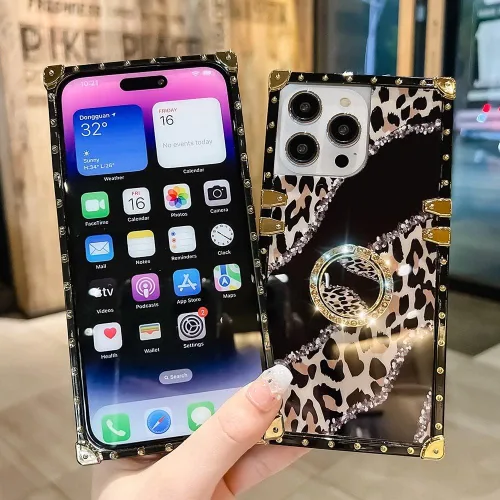 Miniatura 2 de Funda cuadrada de lujo compatible con iPhone 13 Pro Max de 6.7 pulgadas, funda de leopardo brillante, silicona suave y brillante a prueba de golpes