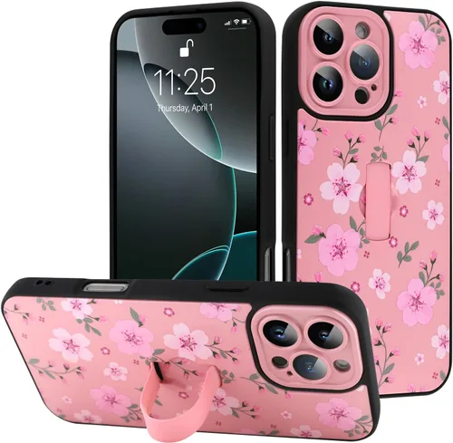 Miniatura 101 de Funda diseñada para iPhone 17 Pro Max con soporte plegable y correa para dedos, bonito patrón de lazo de corazón de flor rosa para mujeres y niñas