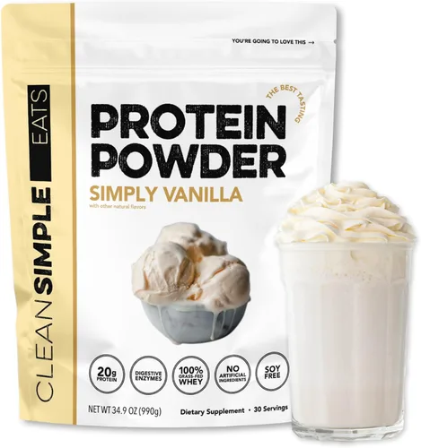 Clean Simple Eats Proteína de suero en polvo de leche, sabor a vainilla simplemente naturalmente endulzada, 100% proteína alimentada con pasto en