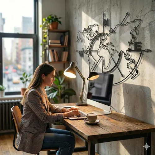 Miniatura 5 de DEKADRON Brújula de arte de pared con mapa del mundo de metal, mapa del mundo sin bordes, decoración de pared de metal, letrero de metal, colgantes