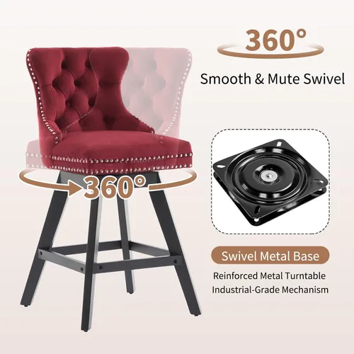 Miniatura 4 de cinkehome Juego de 2 taburetes de bar giratorios de altura de mostrador, taburetes de bar tapizados de terciopelo con respaldo, sillas de bar