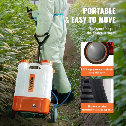 Miniatura 5 de VEVOR Pulverizador de mochila con batería de 4 galones con carro con ruedas, ajustable de 0-94 PSI, manguera de 13 pies, 6 boquillas, 2 varitas