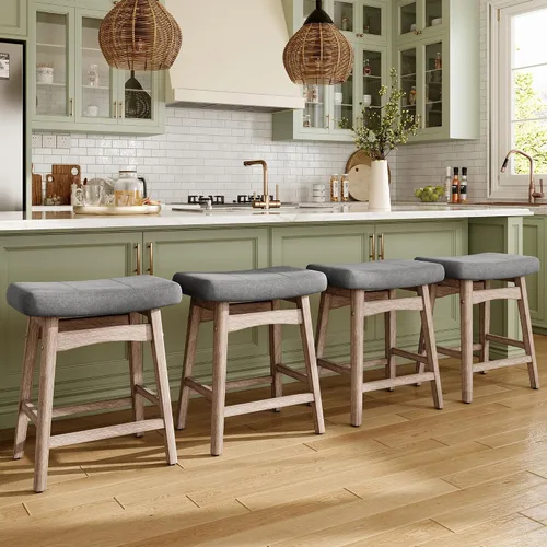 Miniatura 31 de MAISON ARTS Juego de 4 taburetes de bar grises para encimera de cocina, patas de madera maciza con asiento de silla de montar de piel sintética