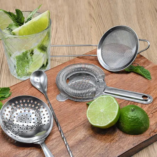 Miniatura 4 de Juego de coladores de cóctel de acero inoxidable con cuchara para remover - Colador Hawthorne, Julep y colador de malla fina para bebidas