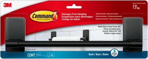 Command - Toallero de mano negro mate con tiras resistentes al agua, decoración para baño, barra de 9 pulgadas de largo que sostiene hasta 3 libras