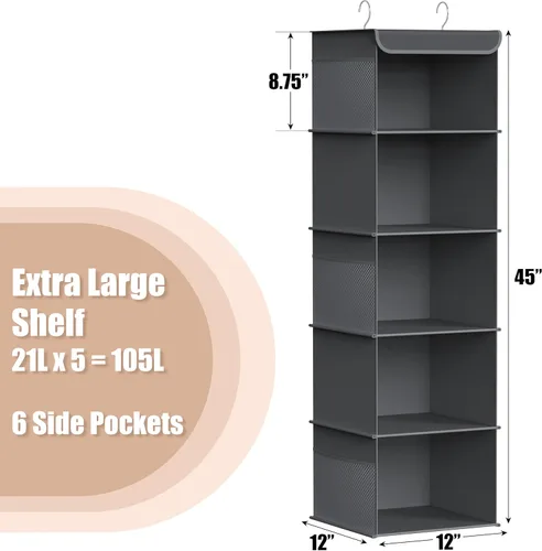 Miniatura 3 de Simple Houseware Organizador de armario colgante de 5 estantes, gris oscuro