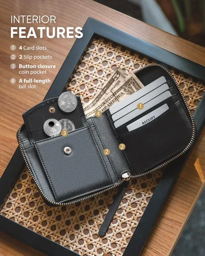 Miniatura 2 de Vulkitty Cartera de cuero para mujer con bloqueo RFID, monedero delgado plegable con bolsillo con cremallera, Negro -, Classic